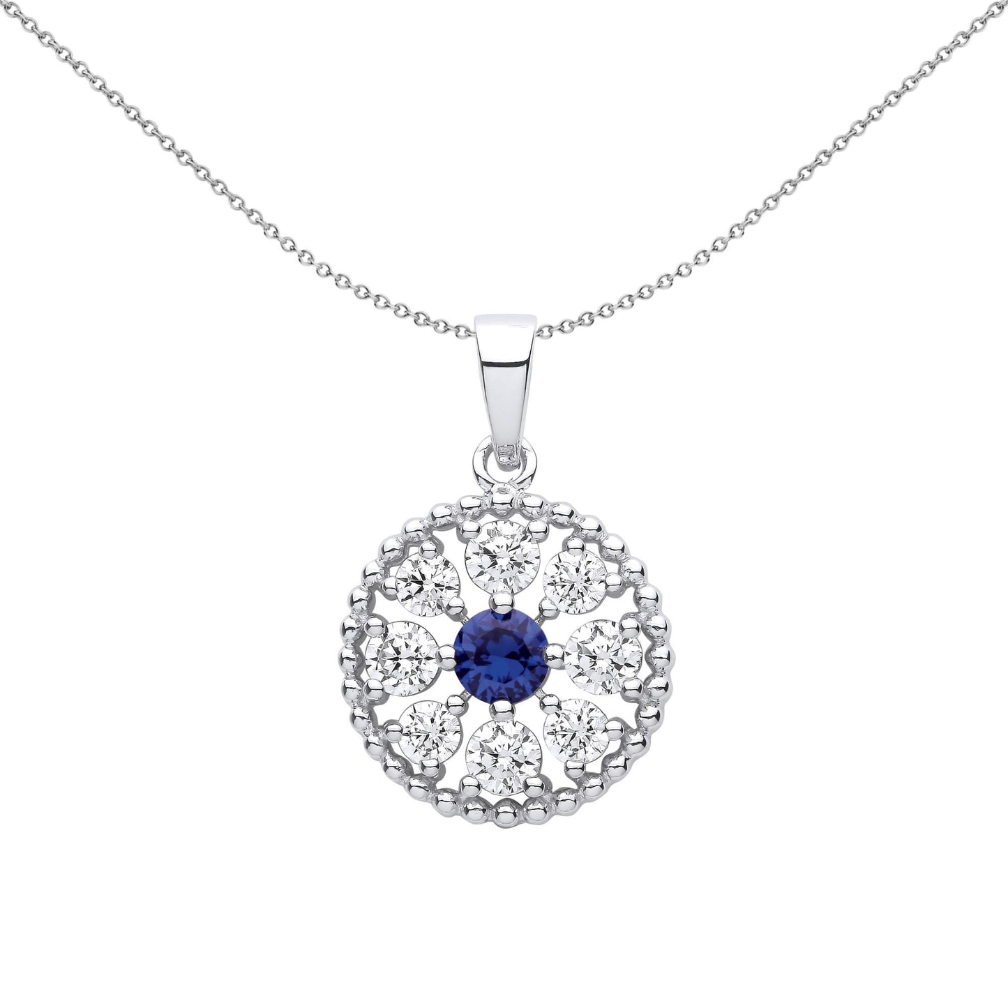 Silver  Blue CZ Beady Blue Eyes Circle Pendant Necklace - GVP618