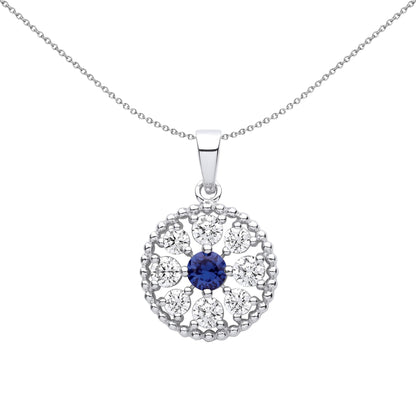 Silver  Blue CZ Beady Blue Eyes Circle Pendant Necklace - GVP618