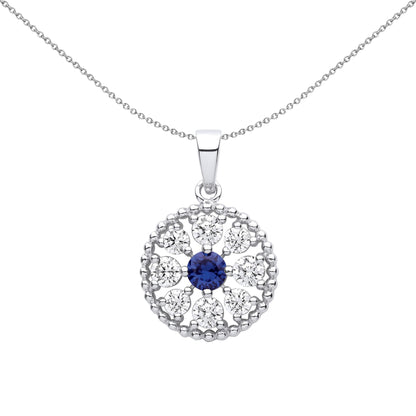 Silver  Blue CZ Beady Blue Eyes Circle Pendant Necklace 18 inch - GVP618