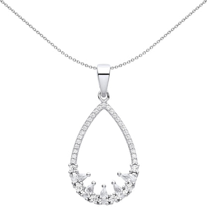 Silver  Pear CZ 5 Chicks In A Birds Nest Pear Pendant Necklace 18" - GVP619