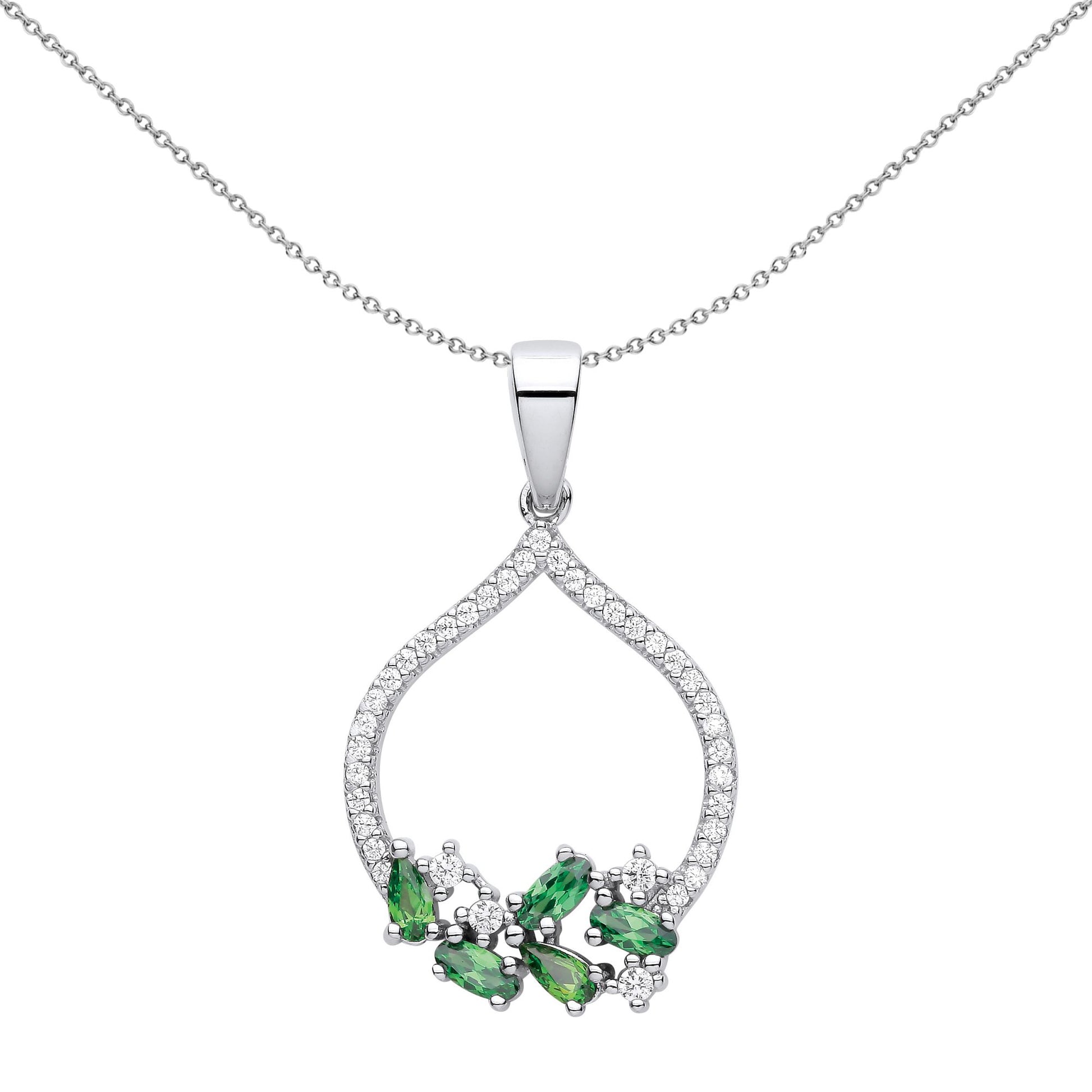 Silver  Green Pear Oval CZ Glass Onion Dome Pendant Necklace 18" - GVP623