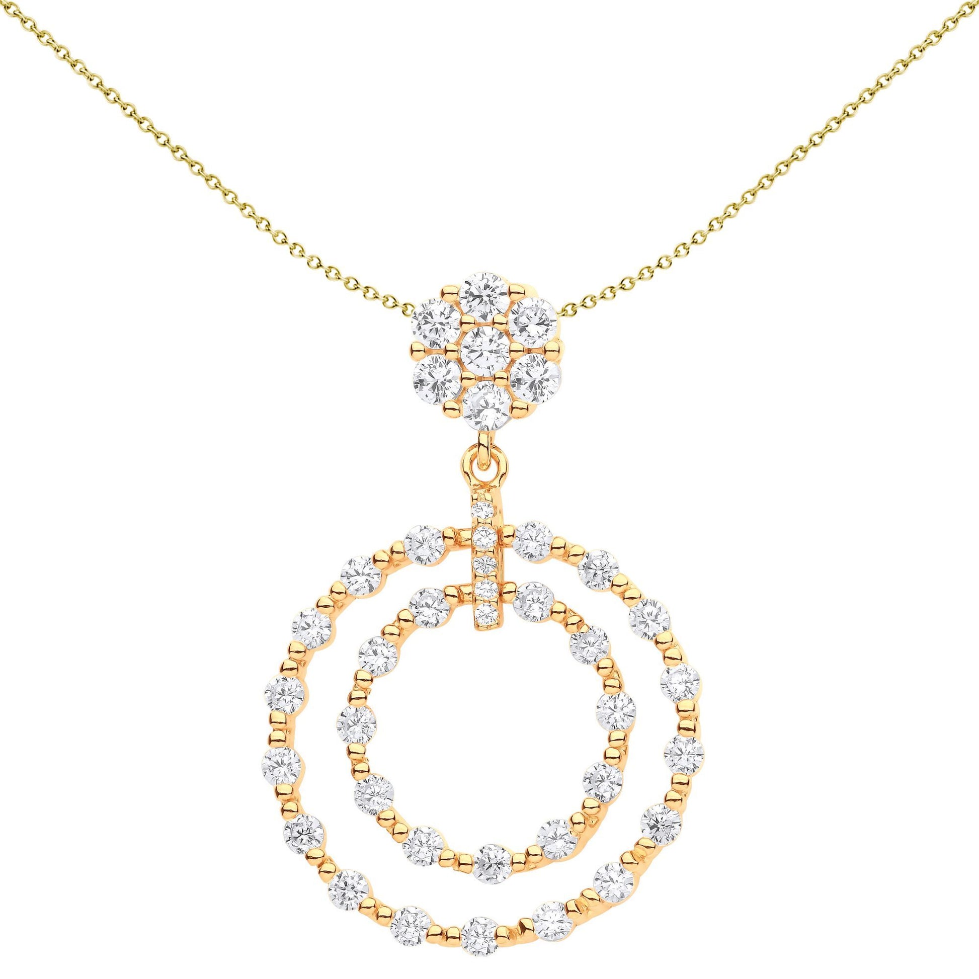 Silver  CZ Beaded Double Circle of Life Pendulum Necklace - GVP626