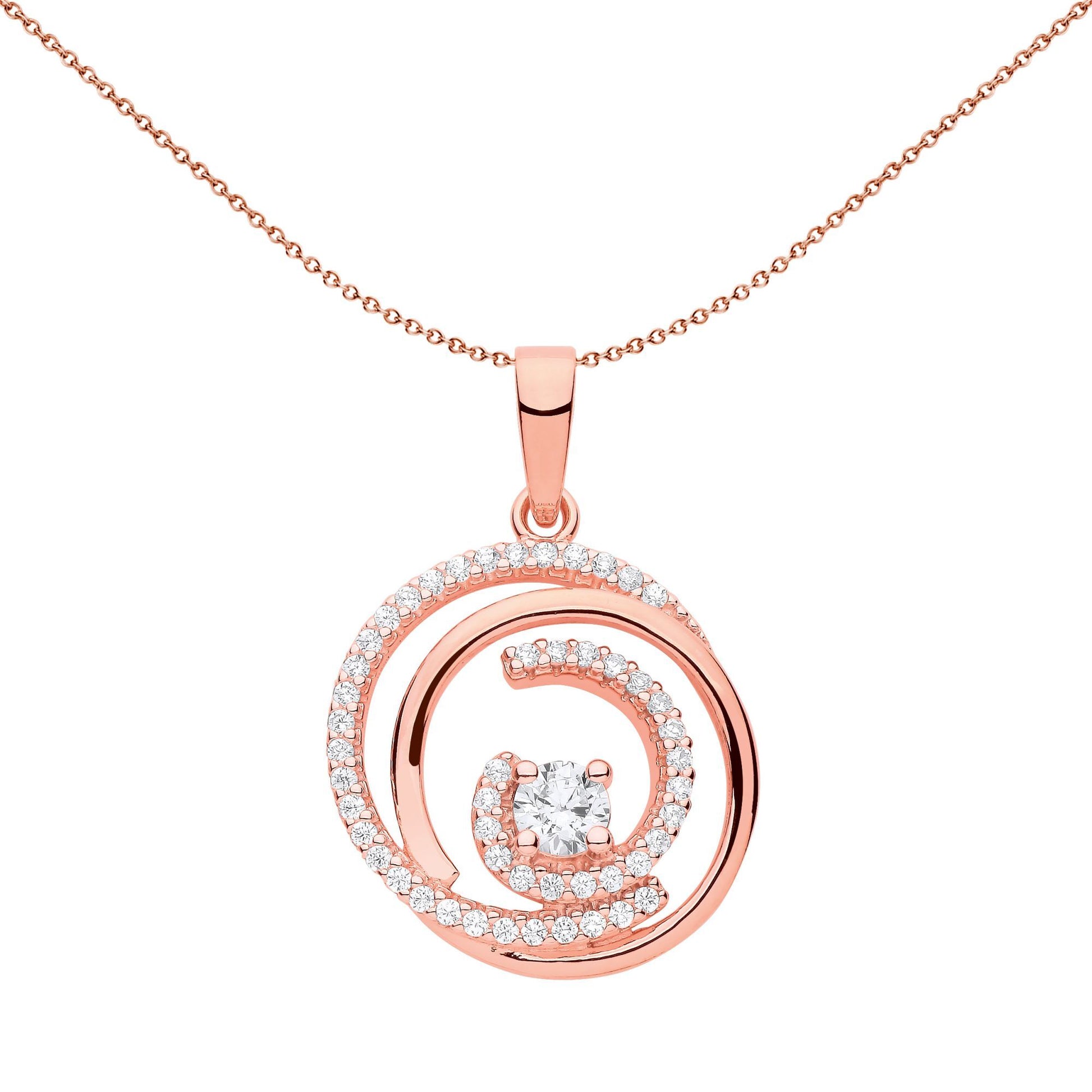 Rose Silver  CZ Tornado Spiral Solitaire Pendant Necklace - GVP630