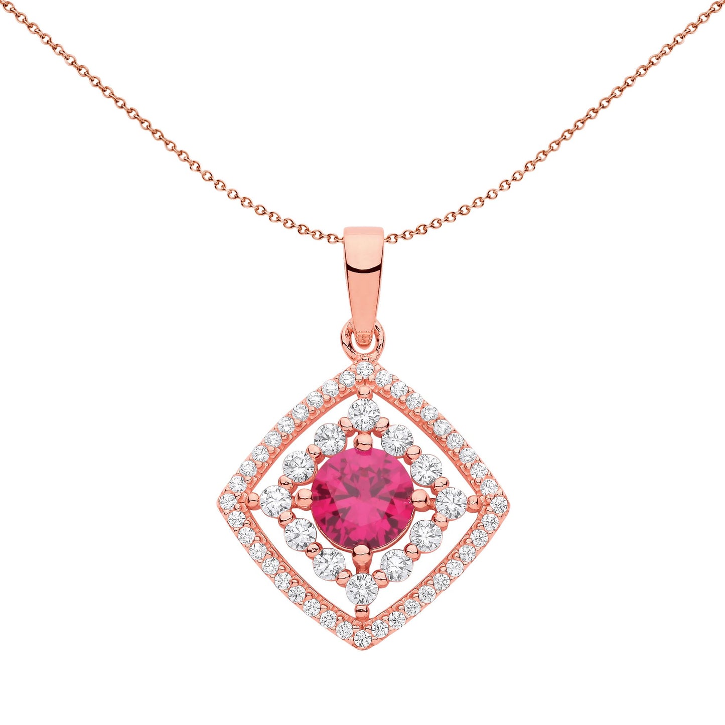 Rose Silver  Red CZ Square Halo Red Eye Pendant Necklace 18 inch - GVP631