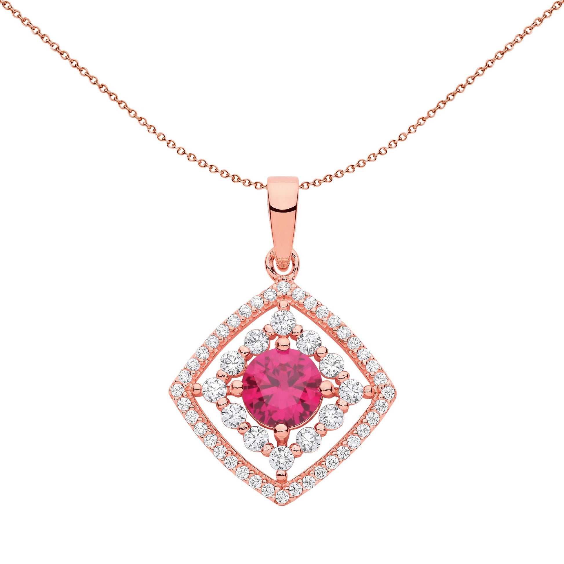 Rose Silver  Red CZ Square Halo Red Eye Pendant Necklace 18 inch - GVP631