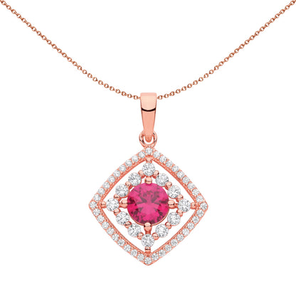 Rose Silver  Red CZ Square Halo Red Eye Pendant Necklace 18 inch - GVP631