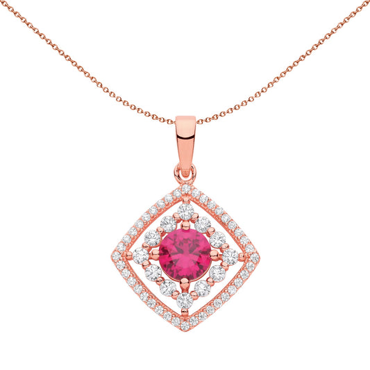 Rose Silver  Red CZ Square Halo Red Eye Pendant Necklace 18 inch - GVP631