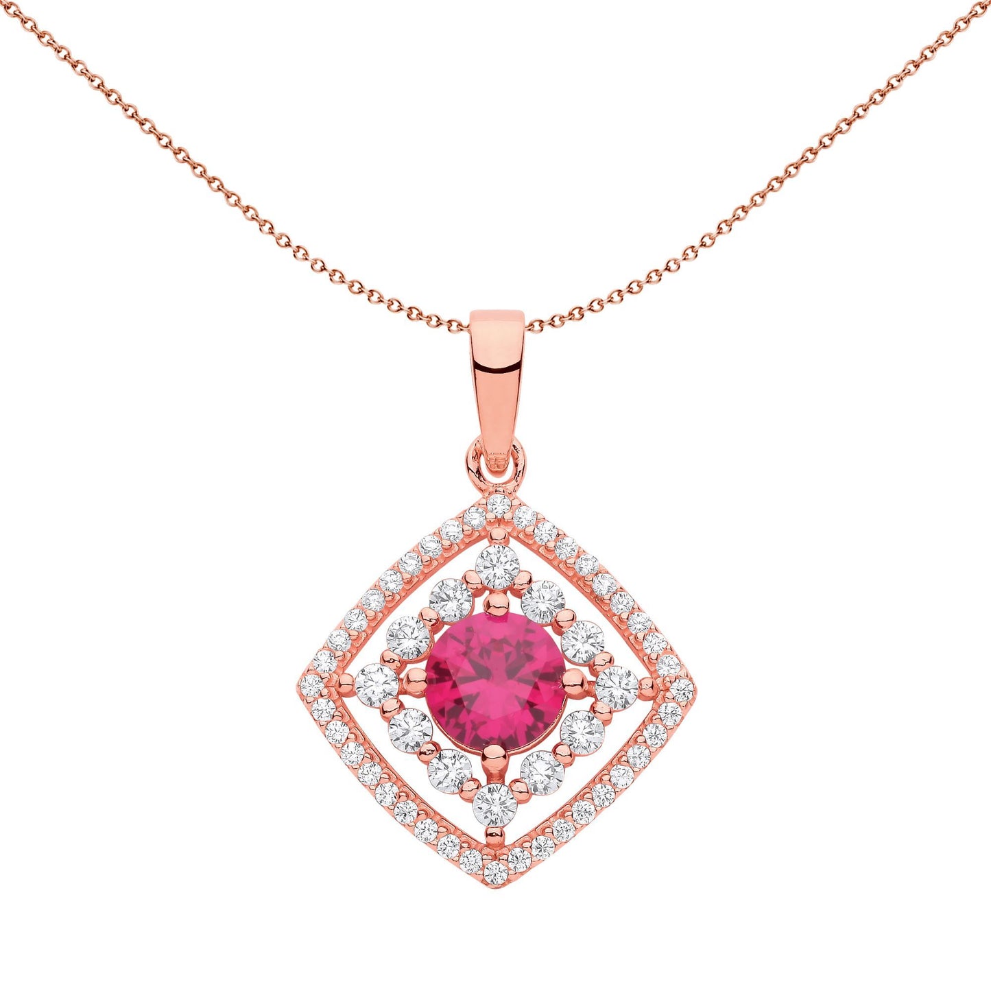 Rose Silver  Red CZ Square Halo Red Eye Pendant Necklace - GVP631