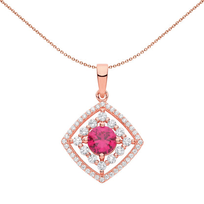 Rose Silver  Red CZ Square Halo Red Eye Pendant Necklace - GVP631