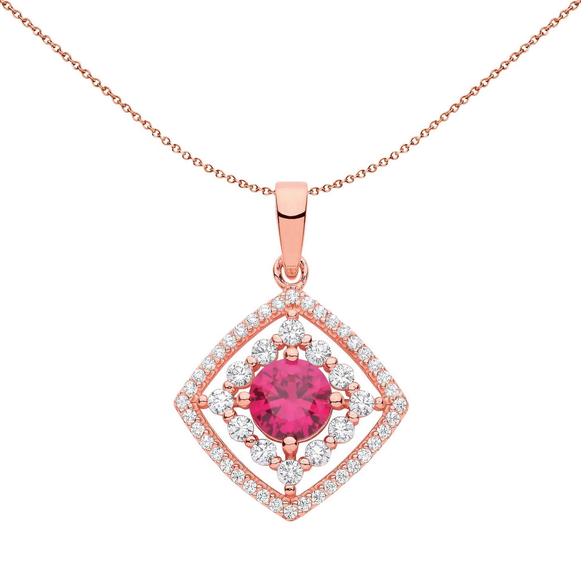 Rose Silver  Red CZ Square Halo Red Eye Pendant Necklace - GVP631