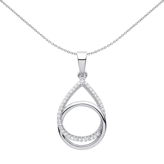 Silver  Pave Raindrop Interlocked Ring Halo Pendant Necklace - GVP632
