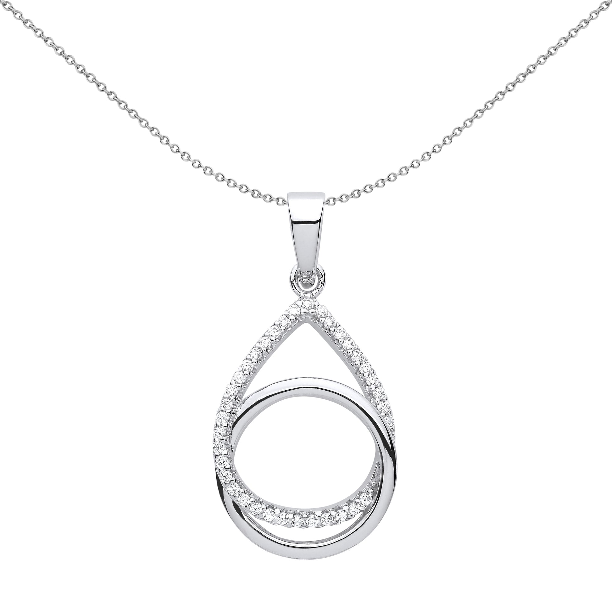 Silver  CZ Pave Raindrop Interlocked Ring Halo Necklace 18" - GVP632