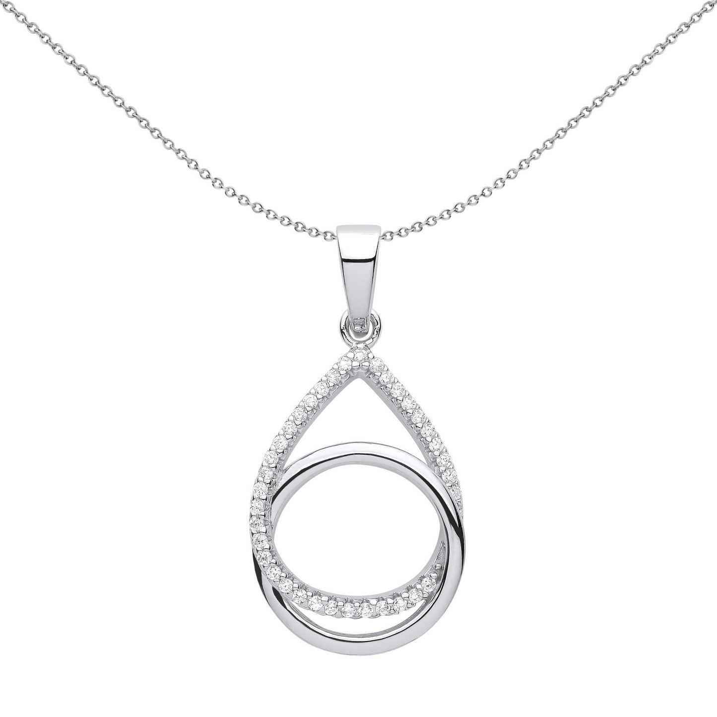Silver  CZ Pave Raindrop Interlocked Ring Halo Necklace - GVP632