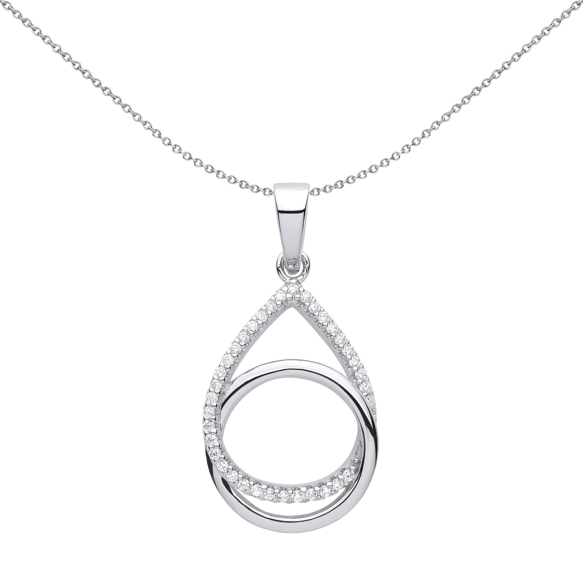 Silver  CZ Pave Raindrop Interlocked Ring Halo Necklace - GVP632