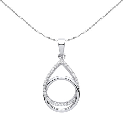Silver  CZ Pave Raindrop Interlocked Ring Halo Necklace - GVP632
