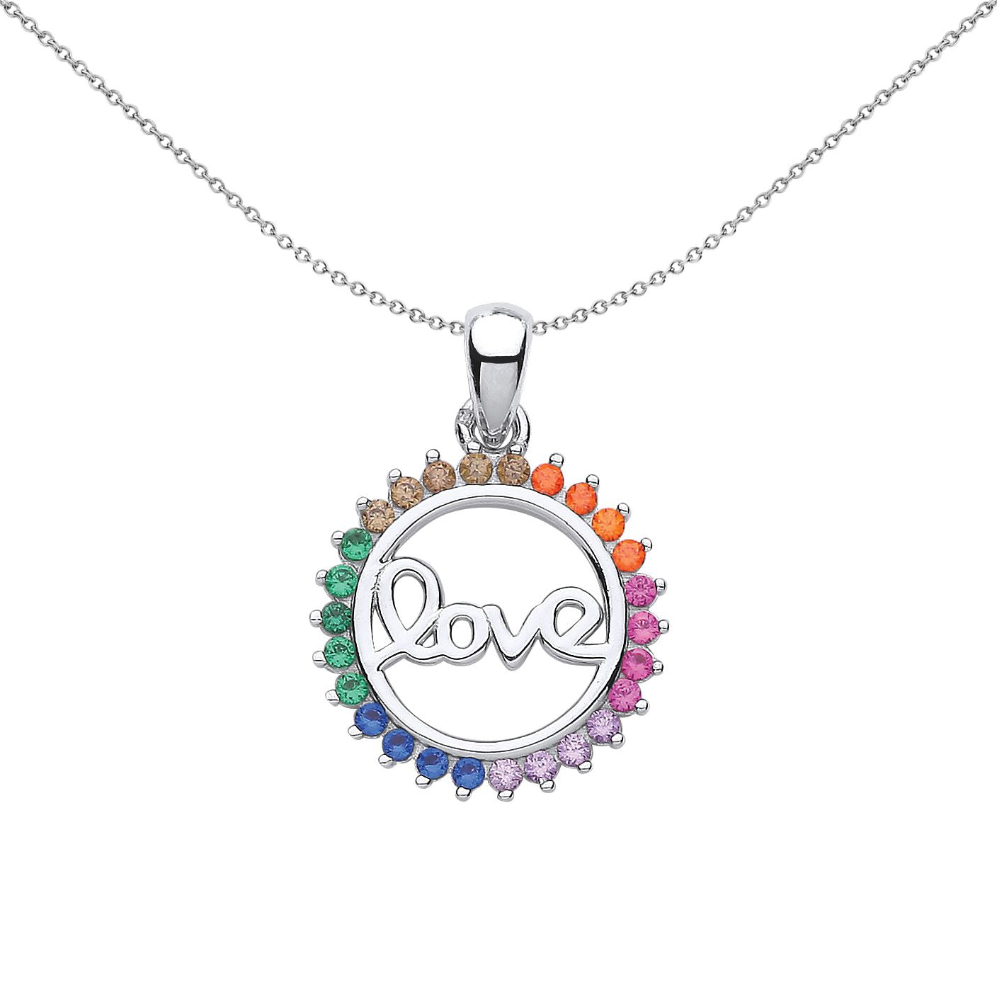 Silver  Rainbow CZ Coral Rainbow Fizzy Love Circle Necklace 18" - GVP633