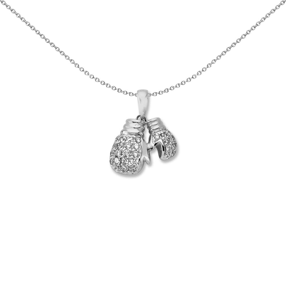 Mens Silver  CZ Pair of MMA Sparring Boxing Gloves Necklace 18" - GVP635