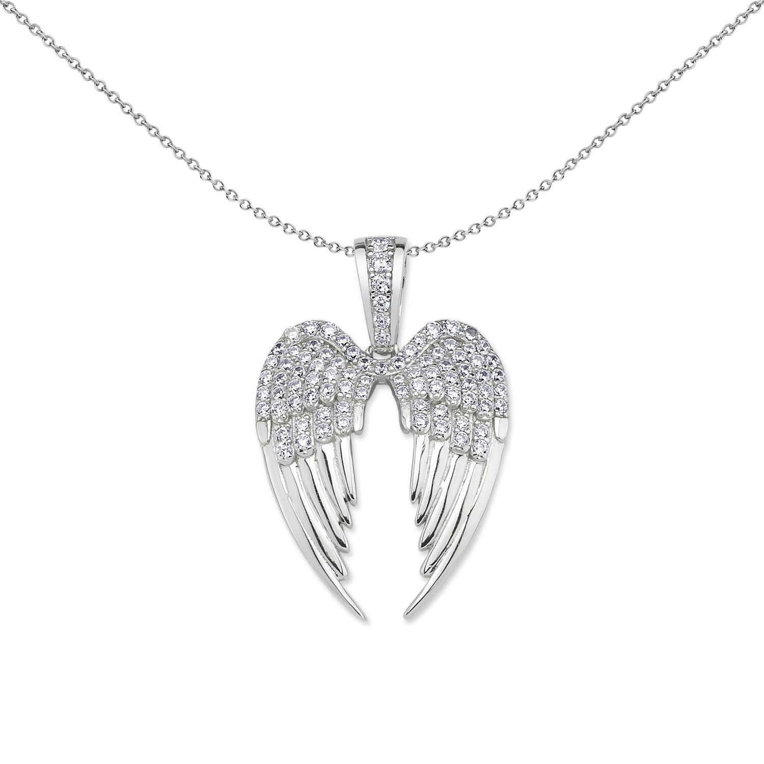 Silver  CZ Folded Angel Wings Love Heart Pendant Necklace - GVP639