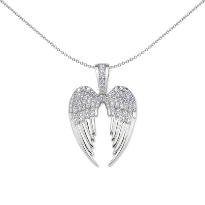 Silver  CZ Folded Angel Wings Love Heart Pendant Necklace - GVP639