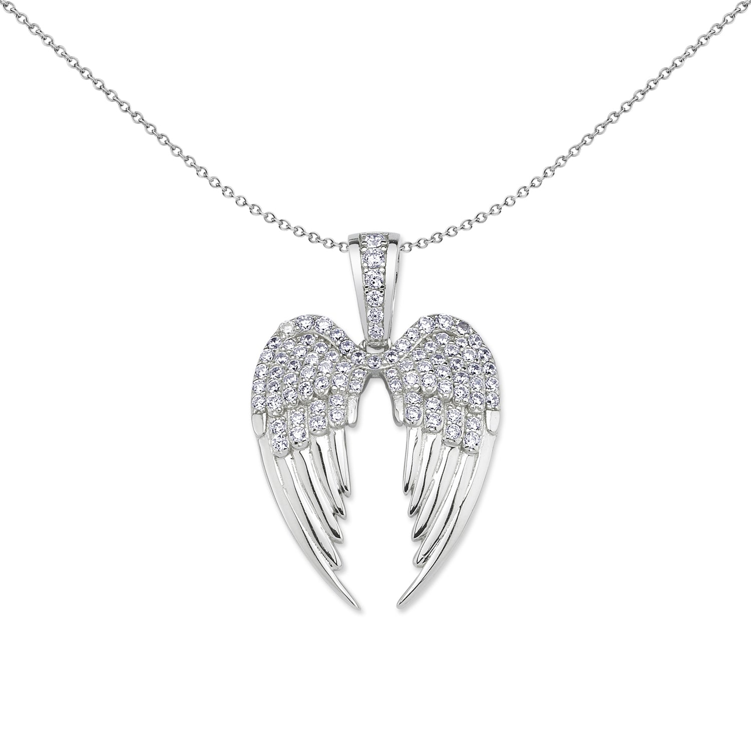 Silver  CZ Folded Angel Wings Love Heart Pendant Necklace 18 inch - GVP639