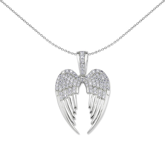 Silver  CZ Folded Angel Wings Love Heart Pendant Necklace - GVP639