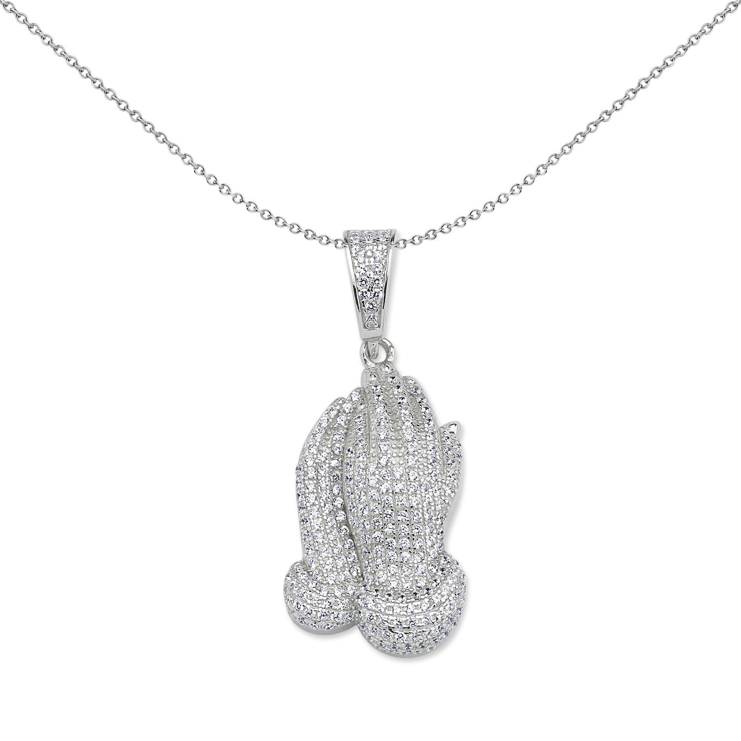 Unisex Silver  CZ Praying Folded Hands Pendant Necklace - GVP640