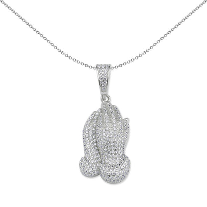 Unisex Silver  CZ Praying Folded Hands Pendant Necklace - GVP640
