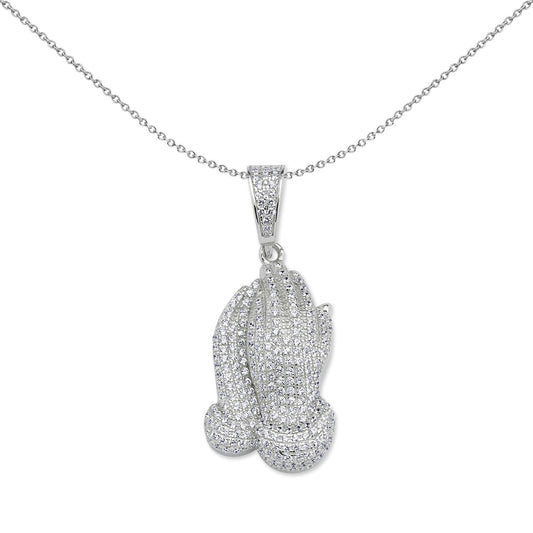 Unisex Silver  CZ Praying Folded Hands Pendant Necklace - GVP640
