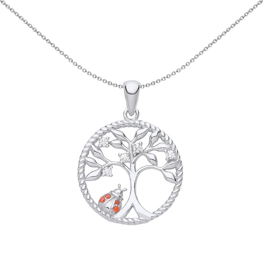 Silver  Twisted Rope Circle Tree of Life Ladybird Pendant Necklace - GVP651