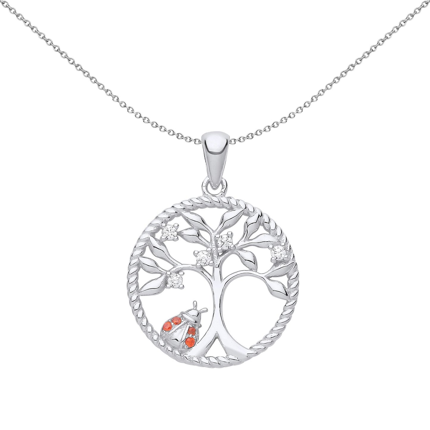 Silver  Red CZ Rope Circle Tree of Life Ladybird Necklace 18" - GVP651