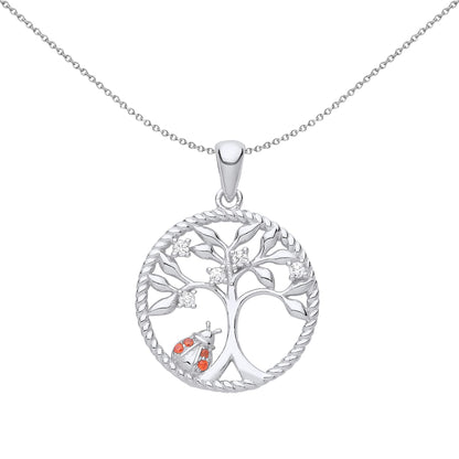 Silver  Red CZ Rope Circle Tree of Life Ladybird Necklace 18" - GVP651