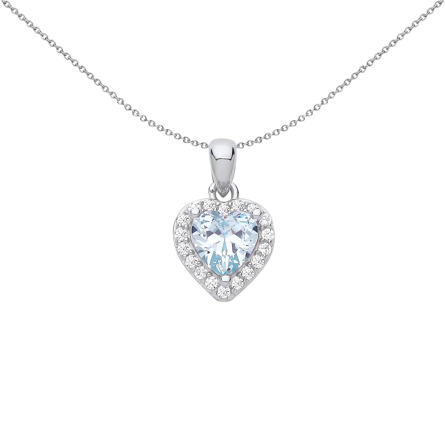 Silver  Blue Heart CZ Love Heart Halo Cluster Pendant Necklace 18" - GVP653