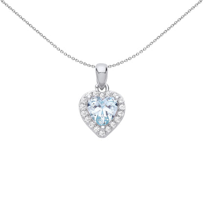 Silver  Blue Heart CZ Love Heart Halo Cluster Pendant Necklace 18" - GVP653