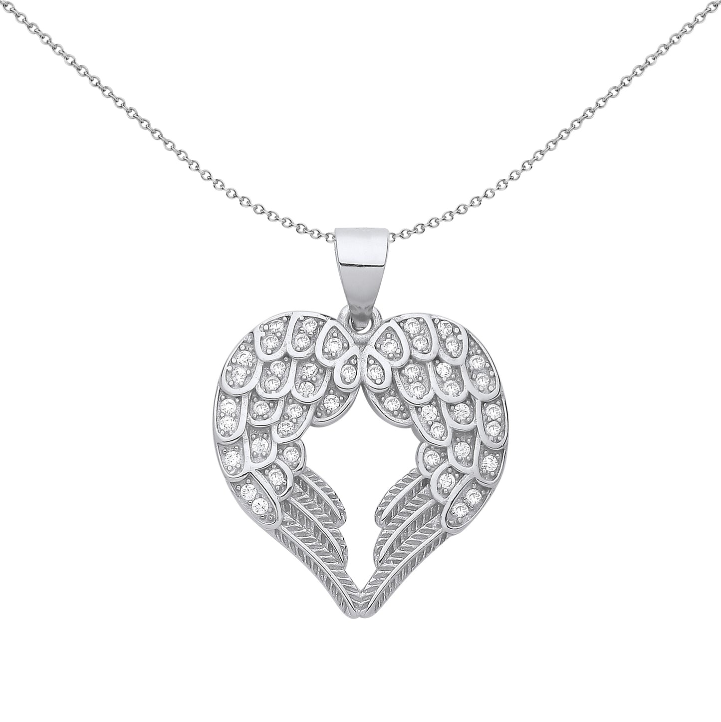 Silver  Folded Textured Angel Wings Love Heart Pendant Necklace - GVP655