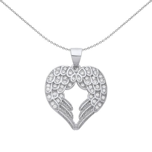 Silver  Folded Textured Angel Wings Love Heart Pendant Necklace - GVP655