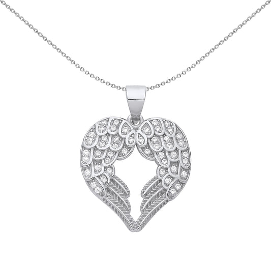 Silver  CZ Folded Textured Angel Wings Heart Pendant Necklace 18" - GVP655