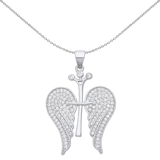 Silver  Folded Angel Wings Cross Crown Pendant Necklace - GVP656