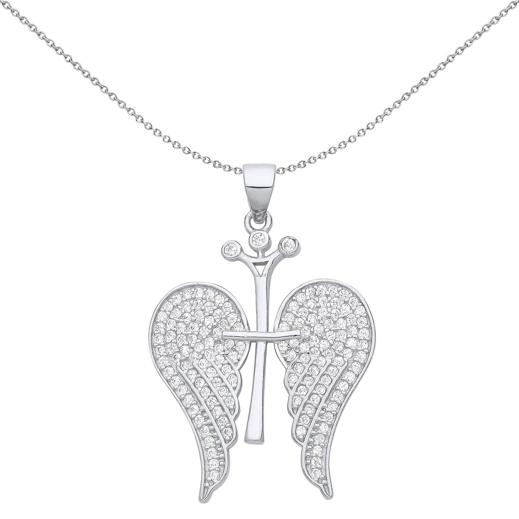 Silver  CZ Folded Angel Wings Cross Crown Pendant Necklace 18 inch - GVP656