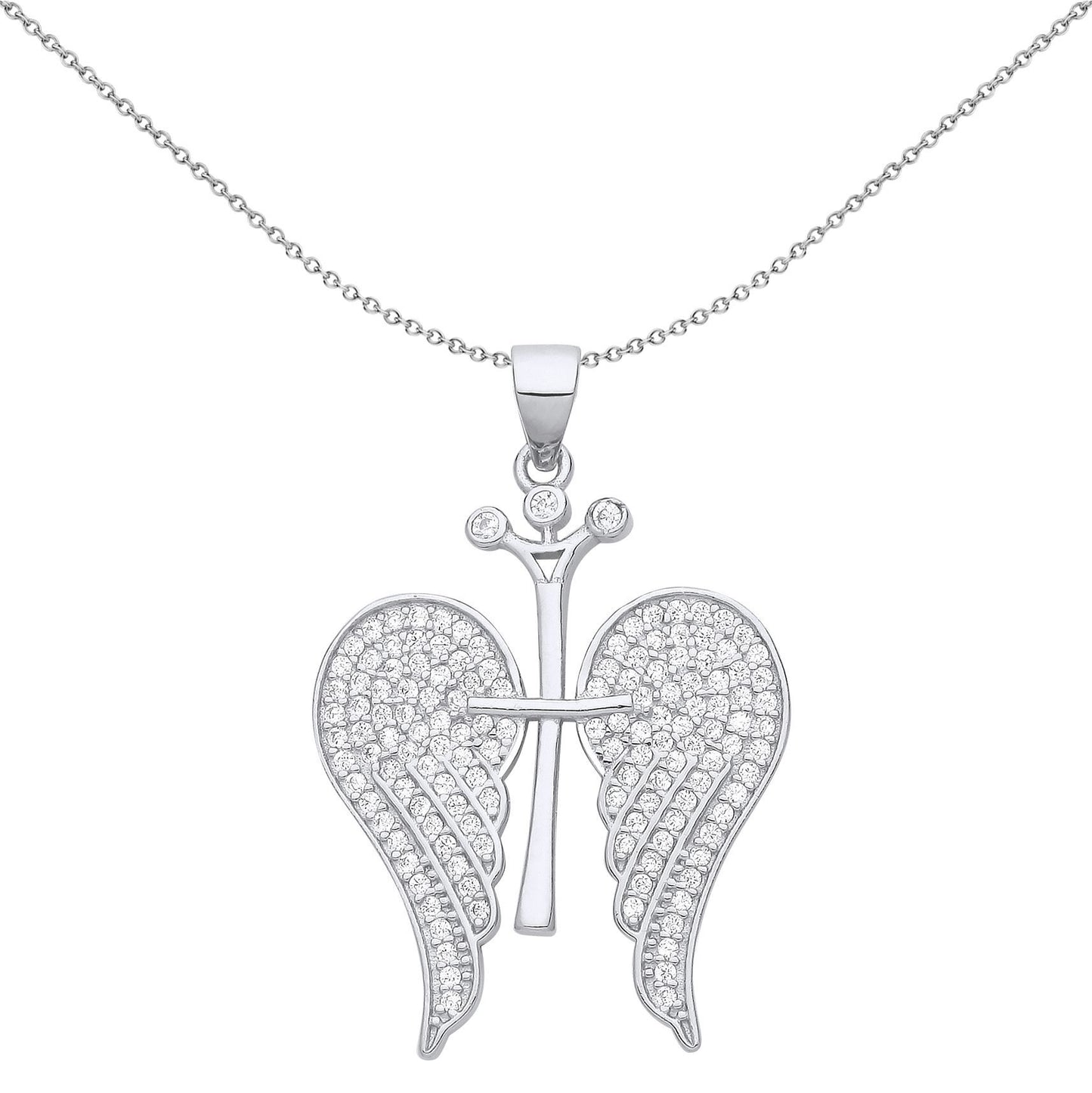 Silver  CZ Folded Angel Wings Cross Crown Pendant Necklace - GVP656