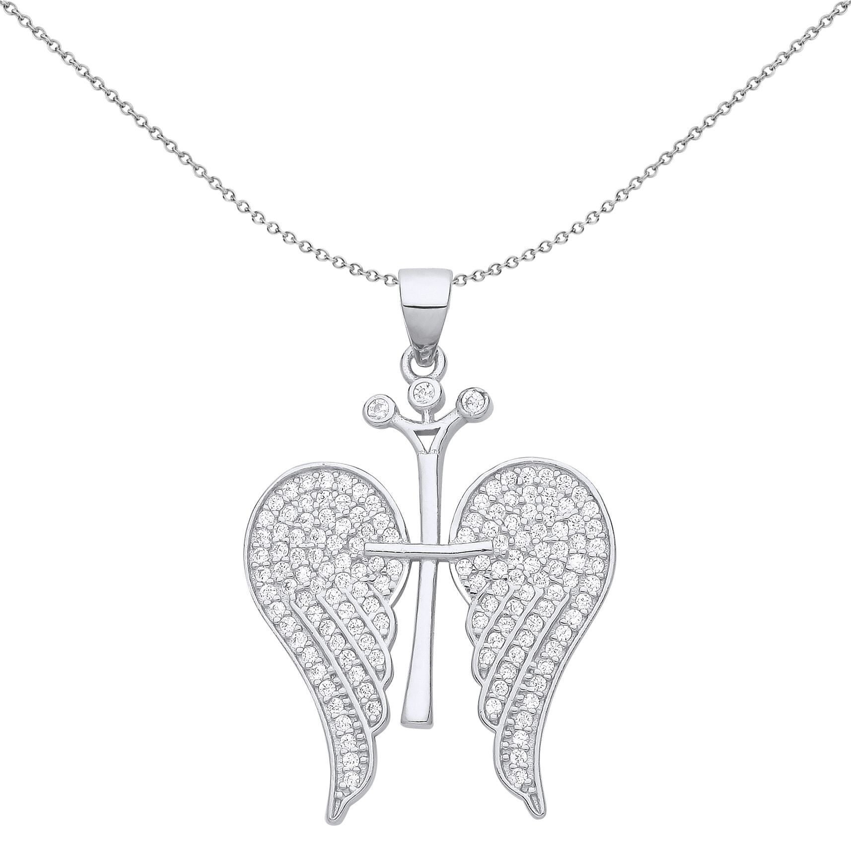 Silver  CZ Folded Angel Wings Cross Crown Pendant Necklace - GVP656
