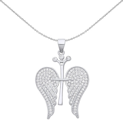 Silver  CZ Folded Angel Wings Cross Crown Pendant Necklace - GVP656