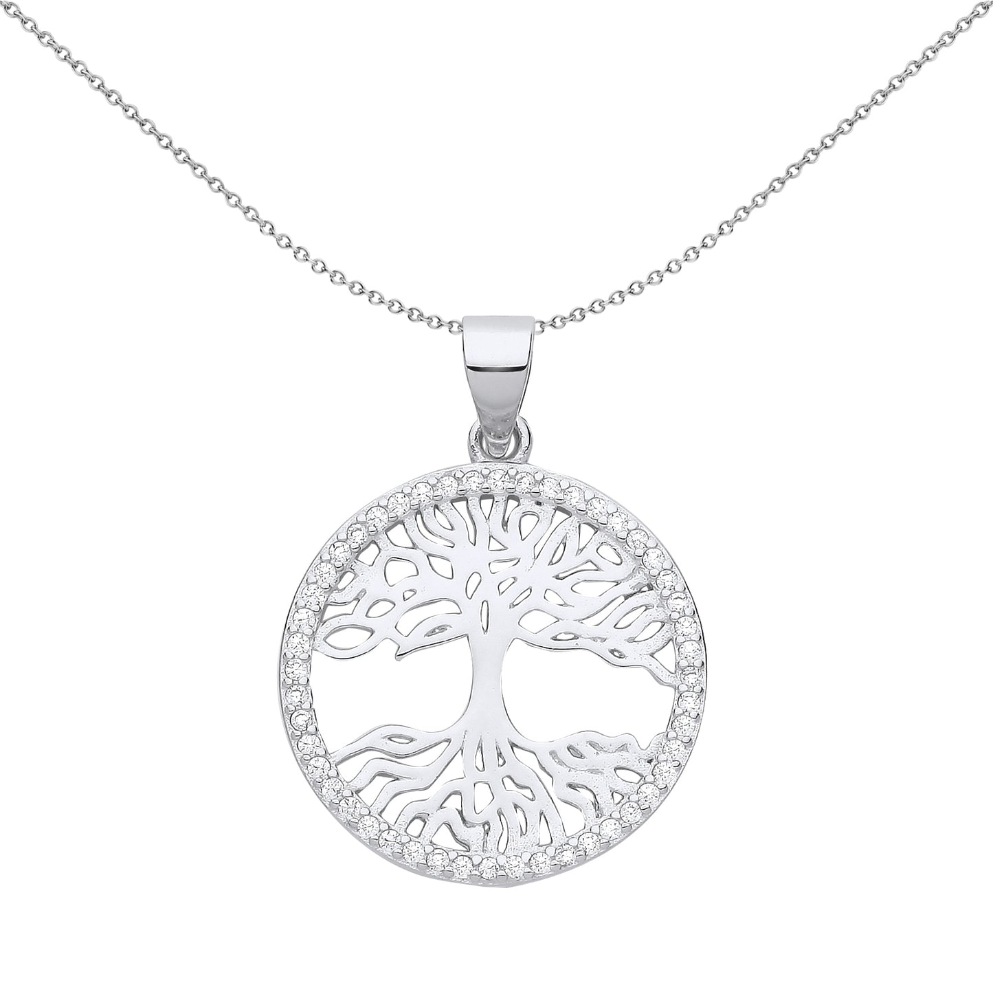 925 Silver  CZ Halo Circle Tree of Life Pendant Necklace 18 inch - GVP657