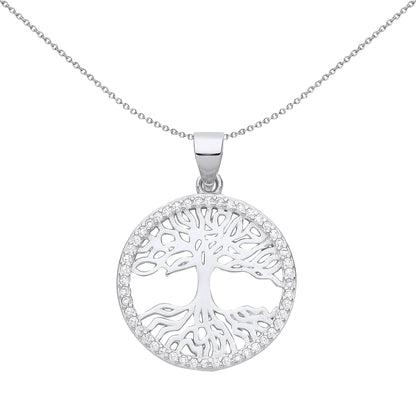 925 Silver  CZ Halo Circle Tree of Life Pendant Necklace 18 inch - GVP657