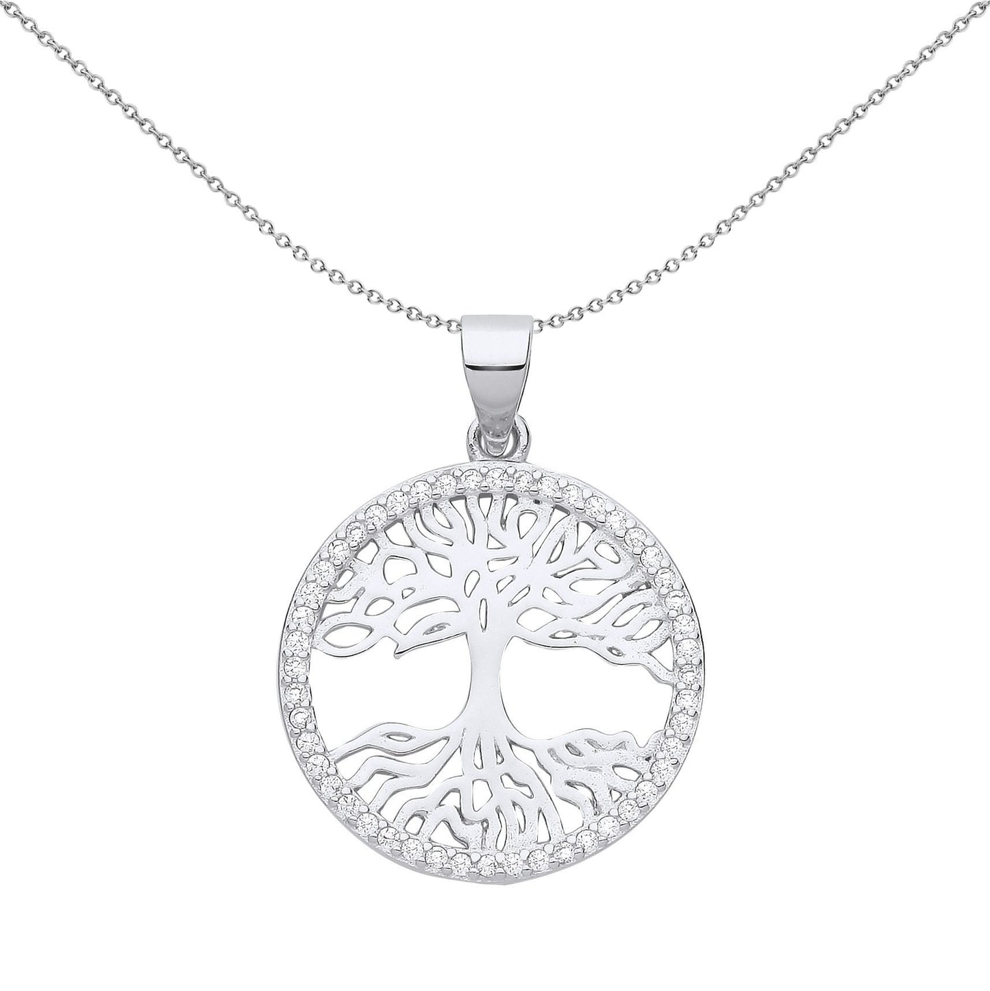 925 Silver  CZ Halo Circle Tree of Life Pendant Necklace - GVP657