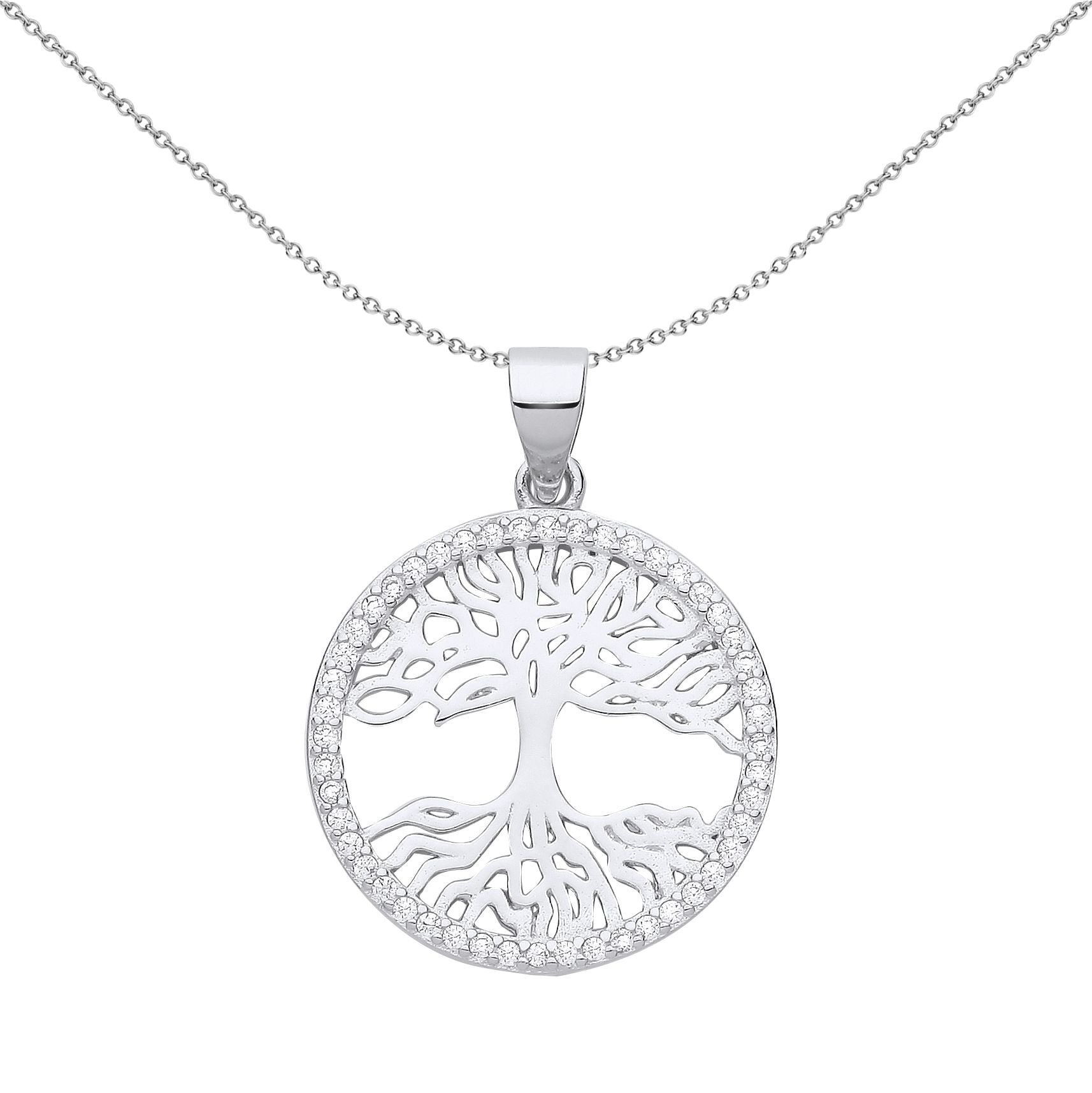925 Silver  CZ Halo Circle Tree of Life Pendant Necklace - GVP657