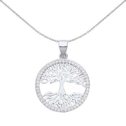 925 Silver  CZ Halo Circle Tree of Life Pendant Necklace - GVP657