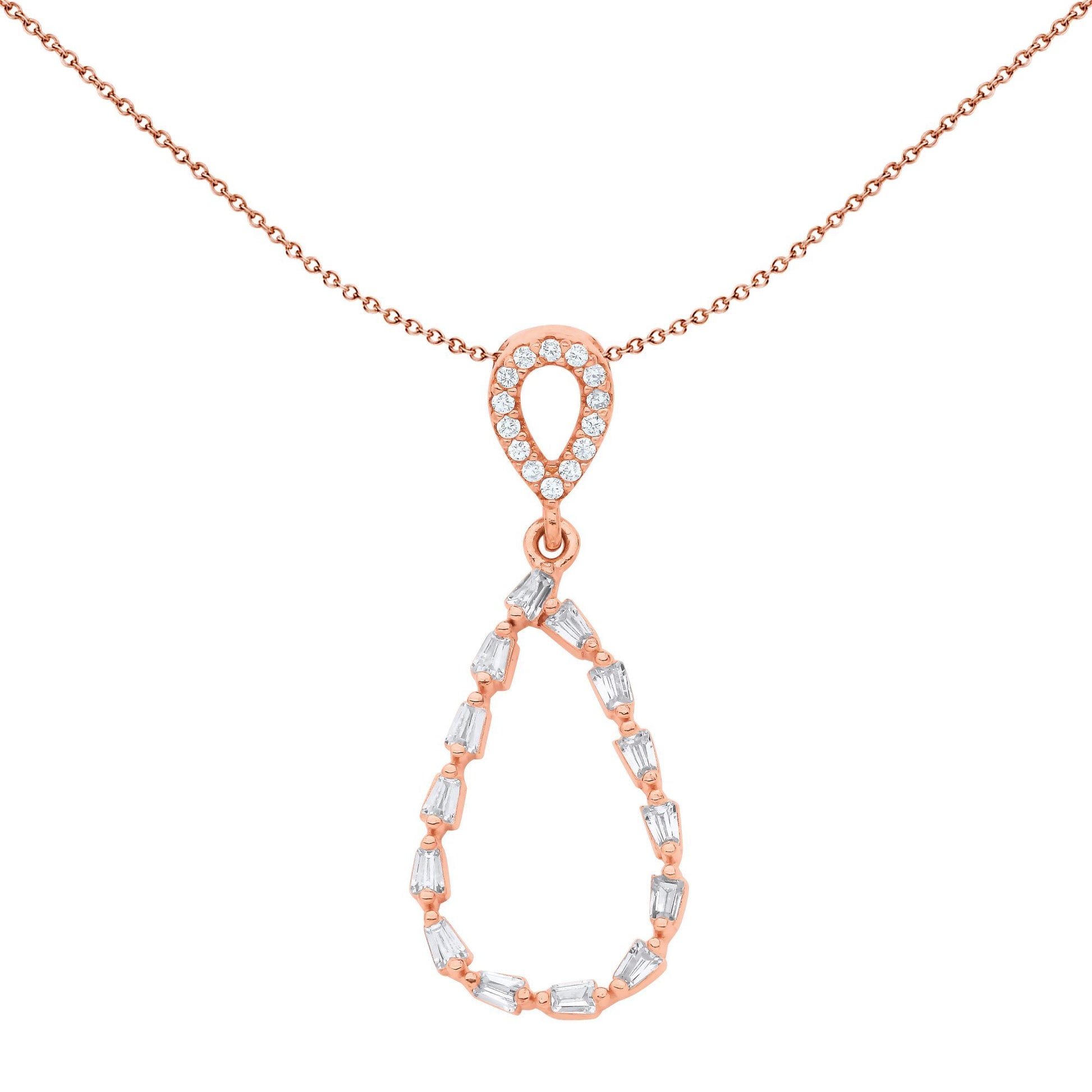 Rose Silver  CZ Flame Raindrop Cluster Rolo Pendant Necklace - GVP661