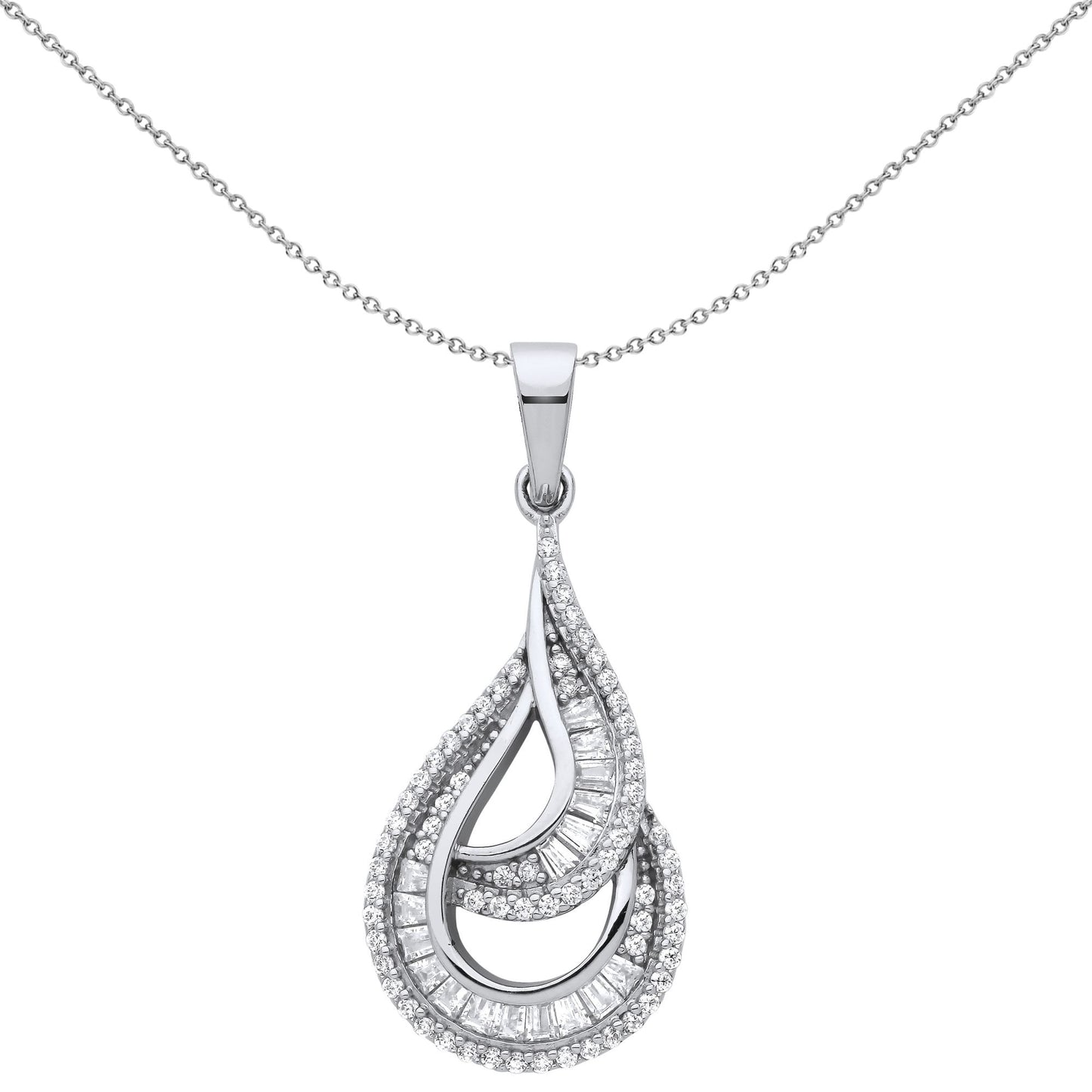 Silver  CZ Twist Spiral Staircase Avocado Pendant Necklace 18" - GVP664