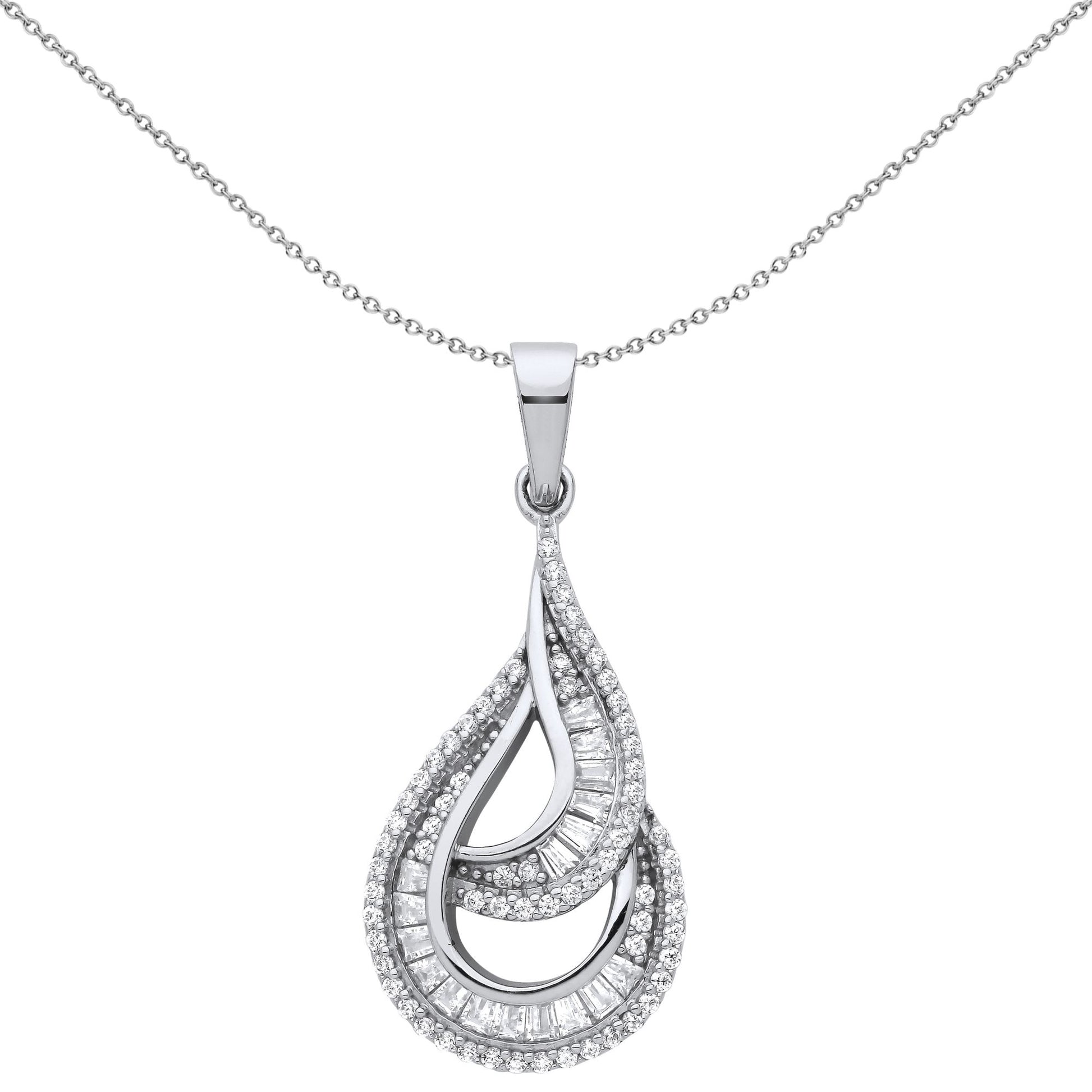Silver  CZ Twist Spiral Staircase Avocado Pendant Necklace 18" - GVP664