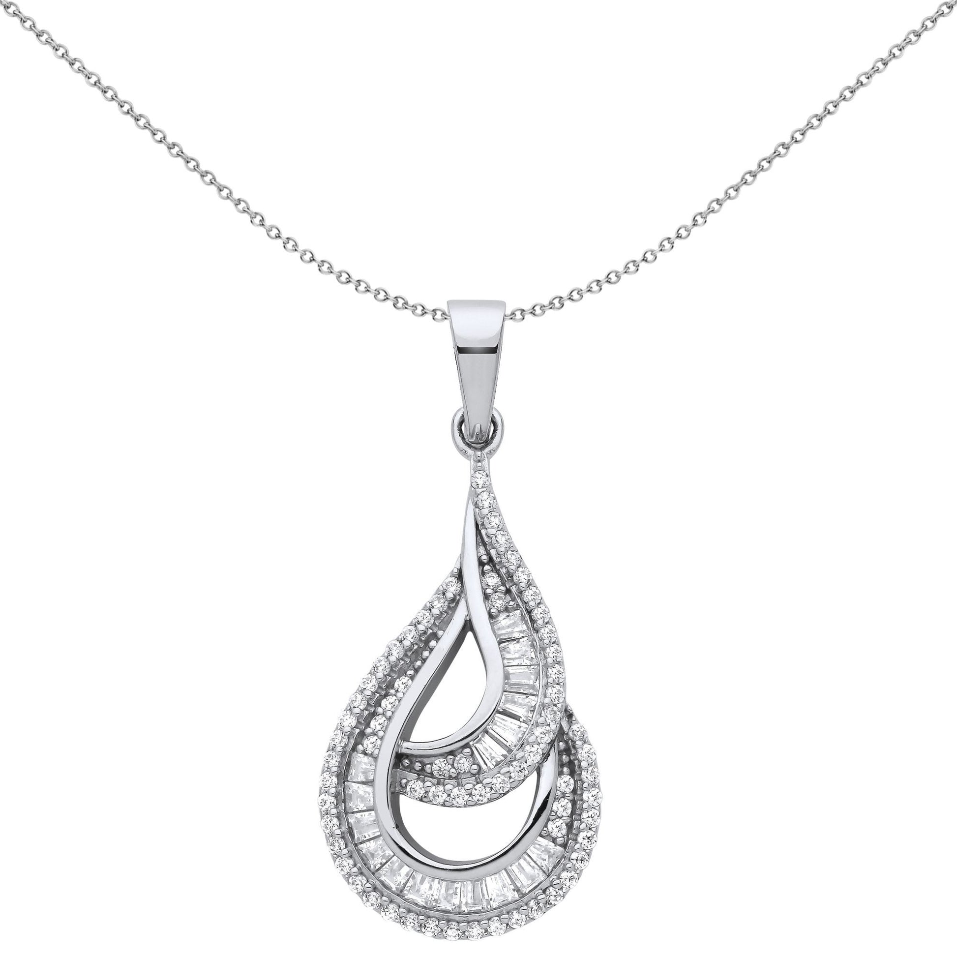Silver  CZ Twist Spiral Staircase Avocado Pendant Necklace - GVP664